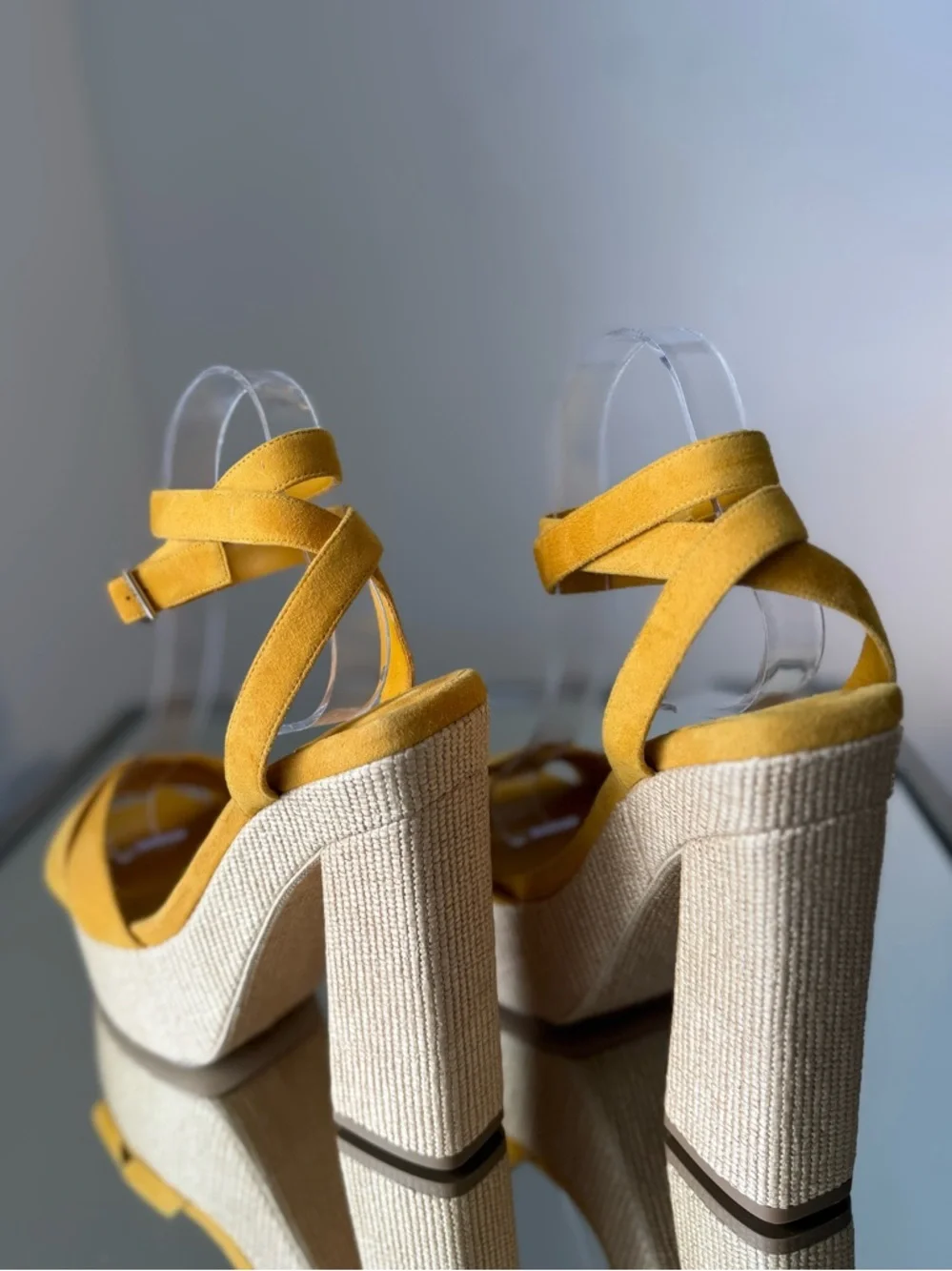 New JIMMY CHOO Gaia 140 Sunflower Suede and Natural Raffia Platform Sandals 39.5